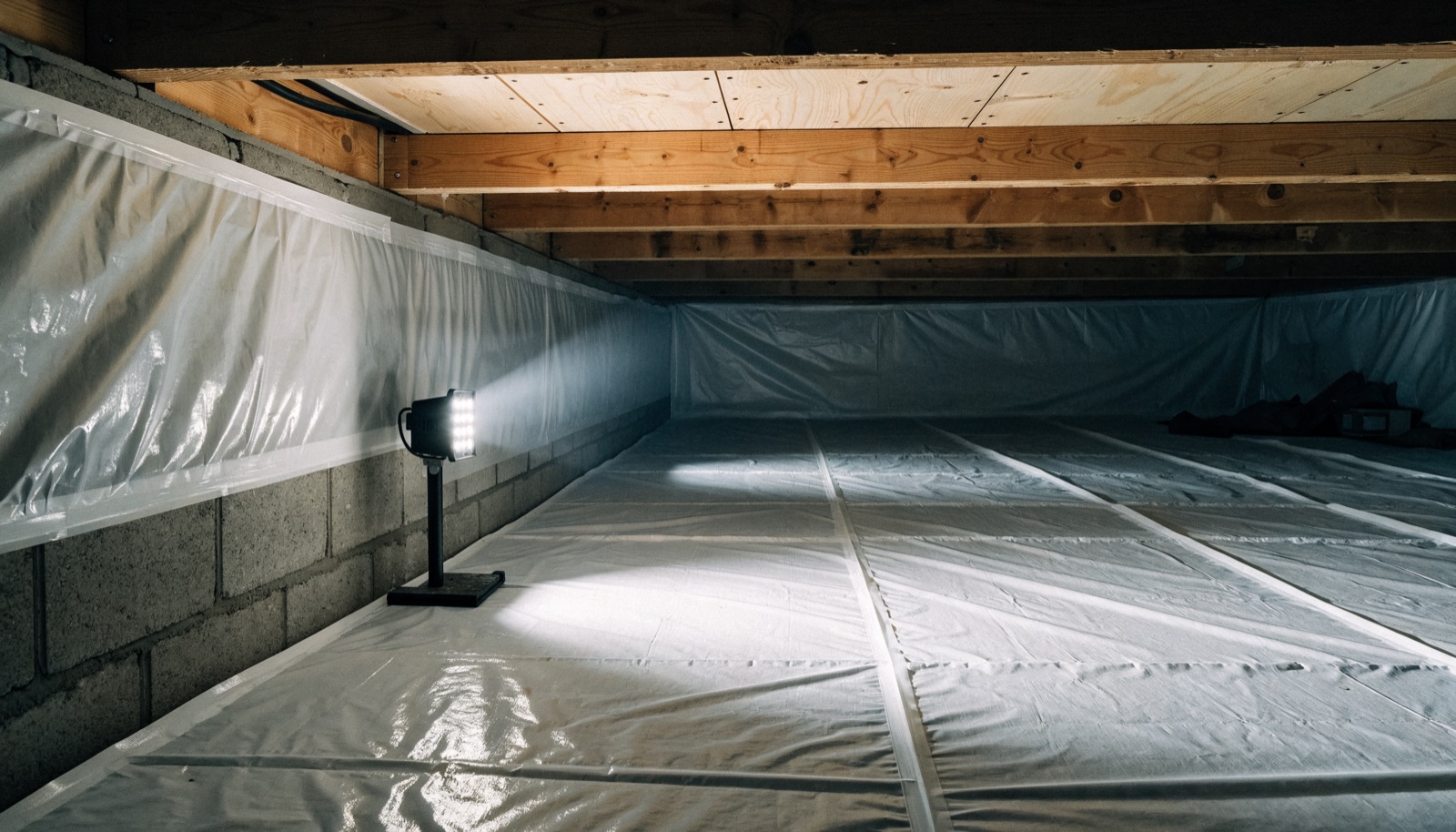 A finished encapsulated crawl space with a heavy white liner sealed across the ground and carried up the block foundation walls